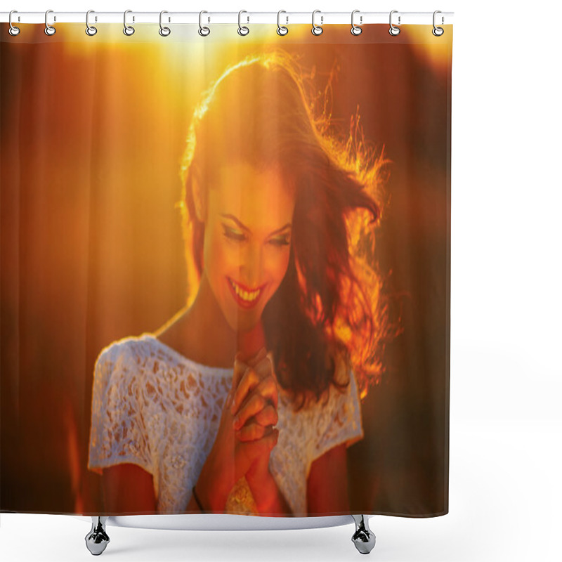 Personality  A Young Girl Prays At Sunset Rays Shower Curtains