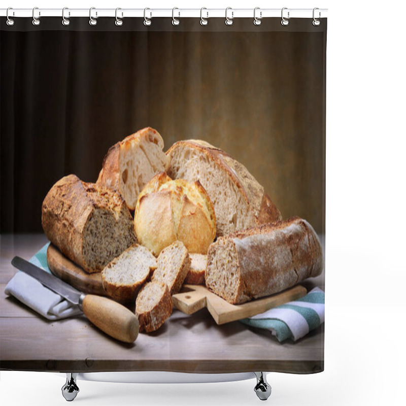 Personality  Assorted Artisan Bread On Wooden Table, Copy Space. Shower Curtains