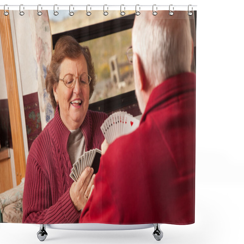 Personality  Happy Senior Adult Couple Playing Cards In Their Trailer RV Shower Curtains