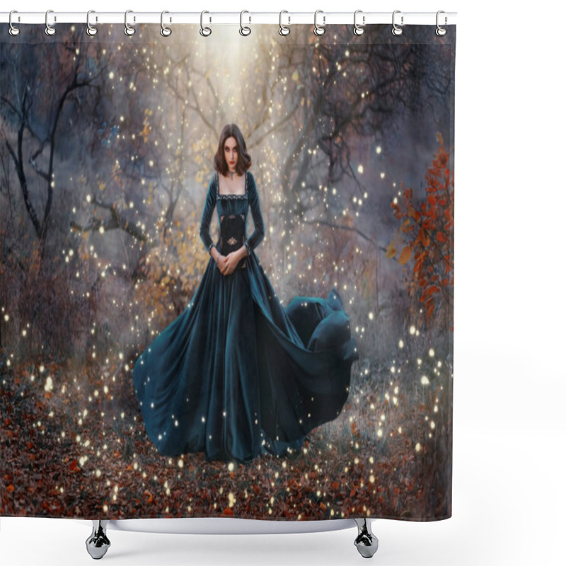 Personality  Gothic Fantasy Woman Witch Holding Magic Book Hands. Long Black Velvet Medieval Vintage Dress Flies Wind. Girl Conjures. Bright Divine Light Glow Sparkles Magic Circle Around Lady. Autumn Forest Tree. Shower Curtains