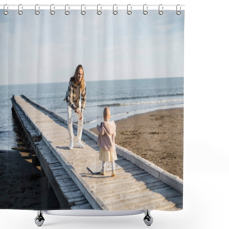 Personality  Happy Father Looking At Baby Daughter Walking On Pier Near Sea In Treviso Shower Curtains