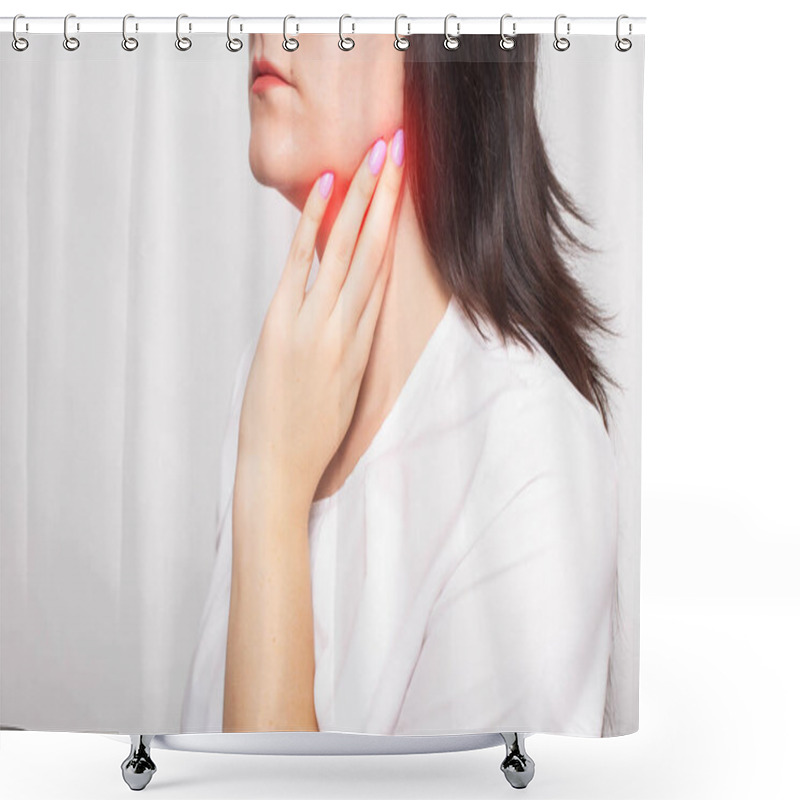 Personality  The Girl Clings To The Inflamed Salivary Gland In Which Pain. Concept Of Salivary Gland Disease, Mumps, Cancer, Copy Space, Retention Cyst Shower Curtains