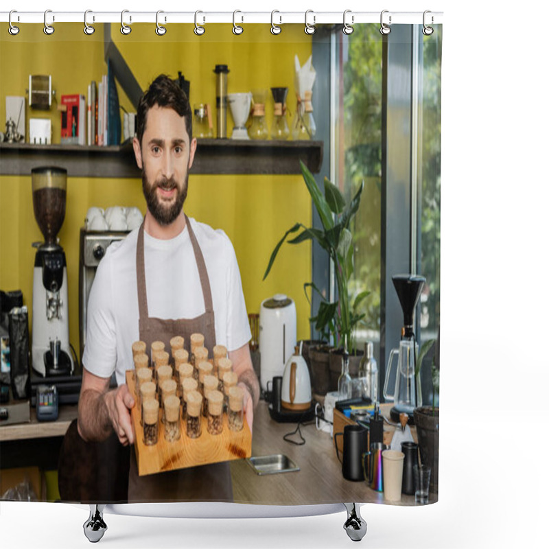 Personality  Smiling Barista In Apron Holding Jars With Coffee Beans And Looking At Camera In Coffee Shop Shower Curtains