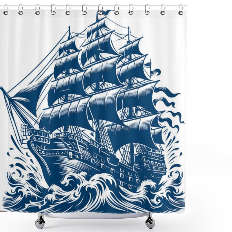 Personality  Engraved Artwork Of A Sailboat Facing Rough Waters Shower Curtains