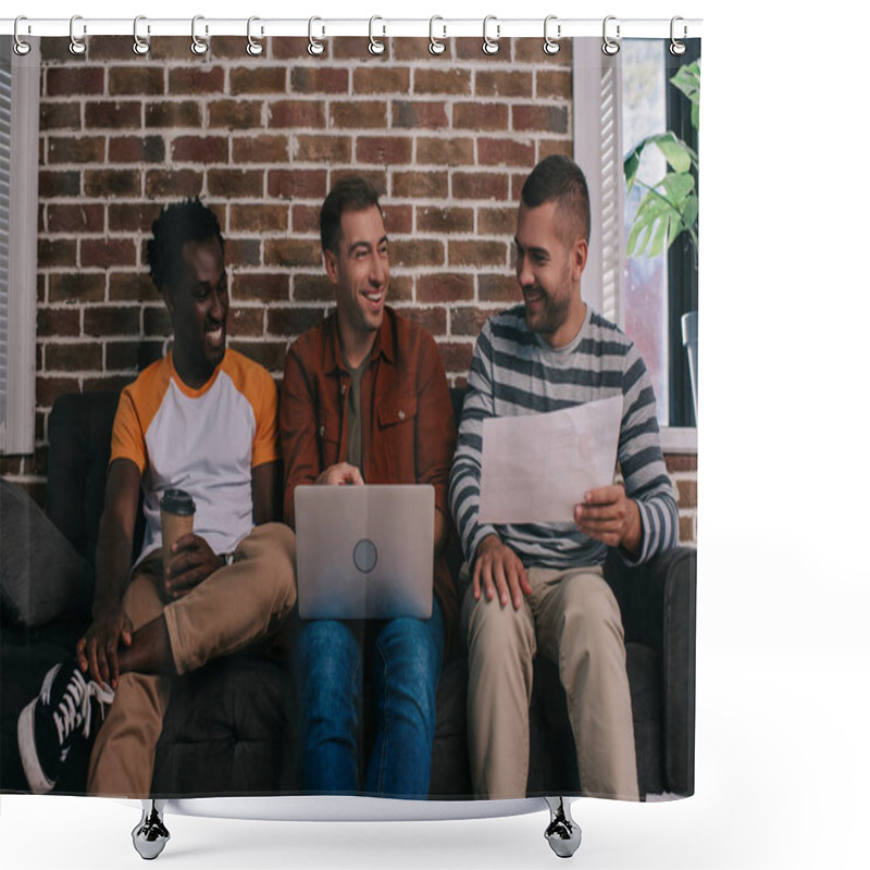 Personality  Cheerful Multicutural Businessmen Sitting On Sofa Near Brick Wall And Discussing Business Ideas Shower Curtains