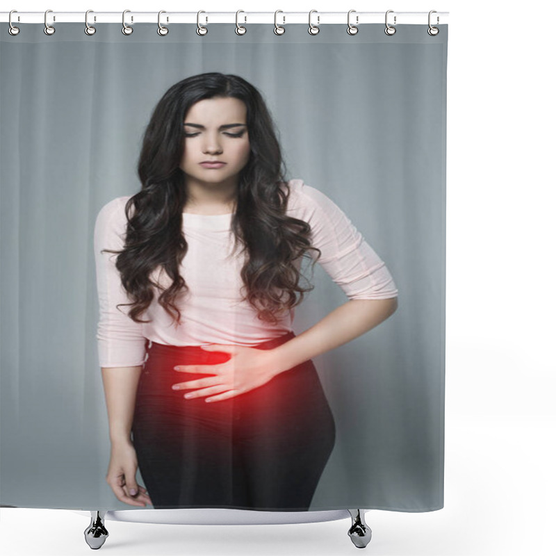 Personality  Beautiful Girl Suffering From Abdominal Pain With Red Painful Point, Isolated On Grey  Shower Curtains