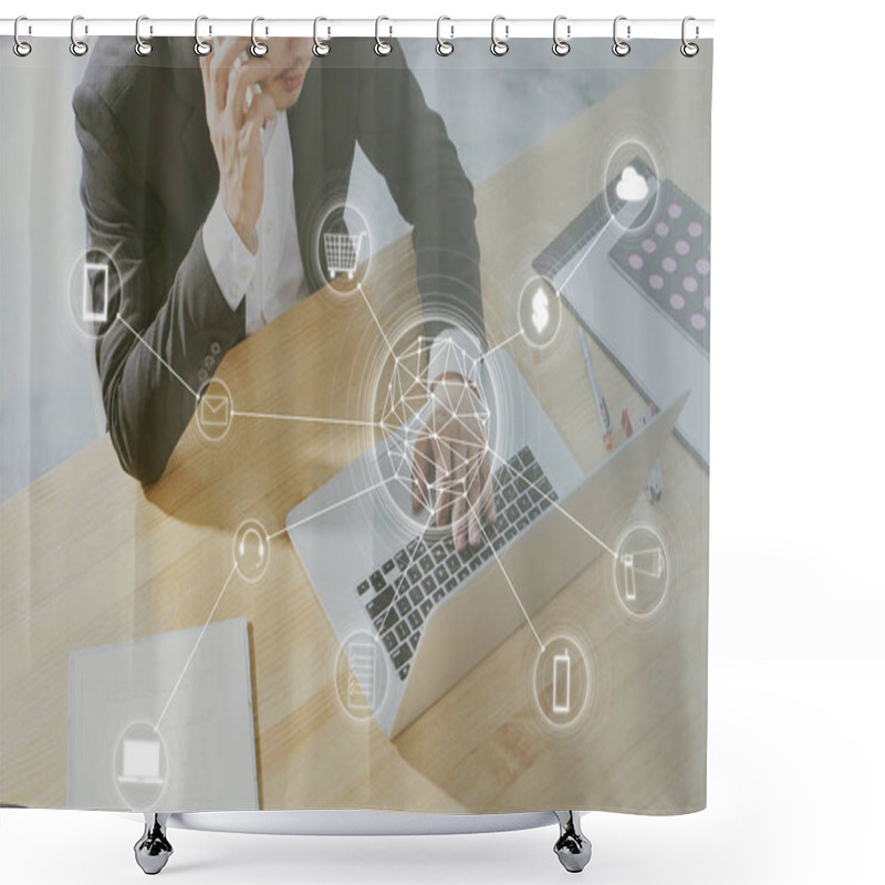 Personality  Man Using Smart Phone Making Online Business And Banking Payment. Shower Curtains