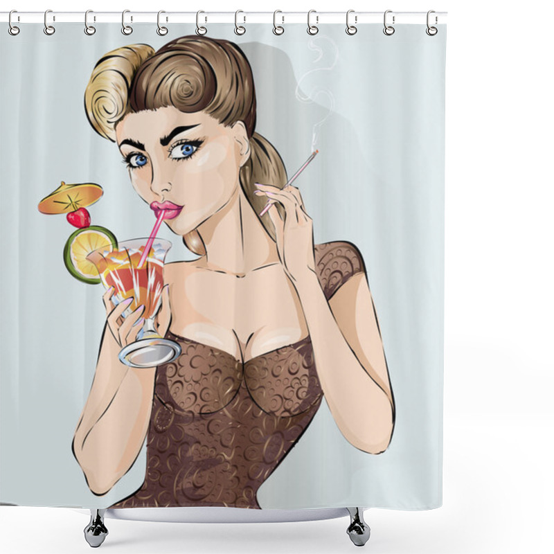 Personality  Sexy Pop Art Woman Drink Cocktail And Smoke Cigarette Shower Curtains