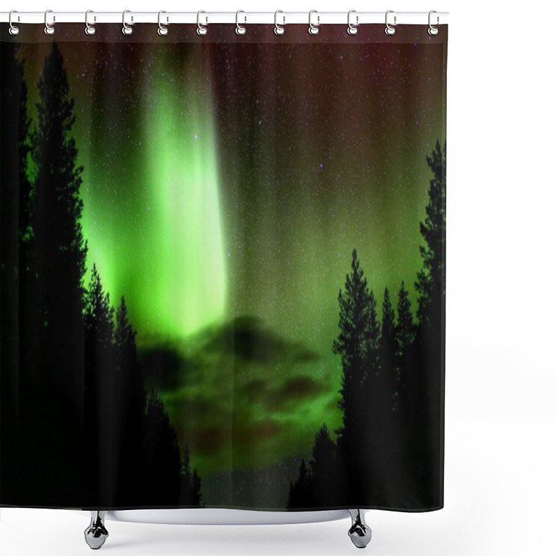 Personality  Bright Green And Red Aurora Borealis And Clouds Between Tree Silhouettes. Shower Curtains