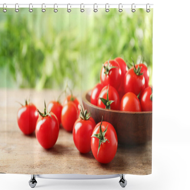 Personality  Bowl Of Fresh Cherry Tomatoes On Wooden Table Shower Curtains