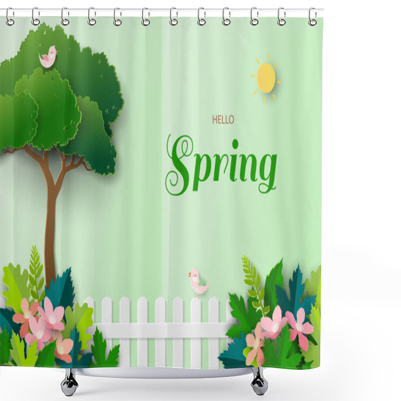 Personality  Paper Art Of Hello Spring With Cute Birds Happy On Spring Garden,vector Illustration Shower Curtains