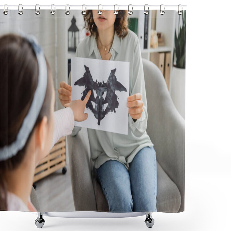 Personality  Blurred Girl Pointing At Rorschach Test Near Psychologist In Consulting Room  Shower Curtains