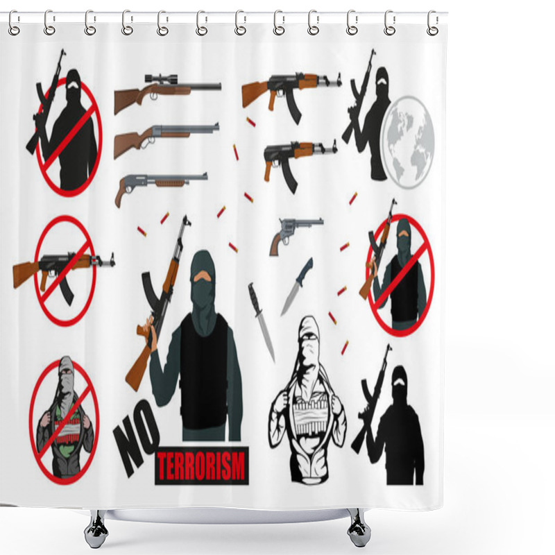 Personality  Terrorist With Weapon. Stop Terrorism. Terrorism Concept. Vector Graphics To Design. Shower Curtains