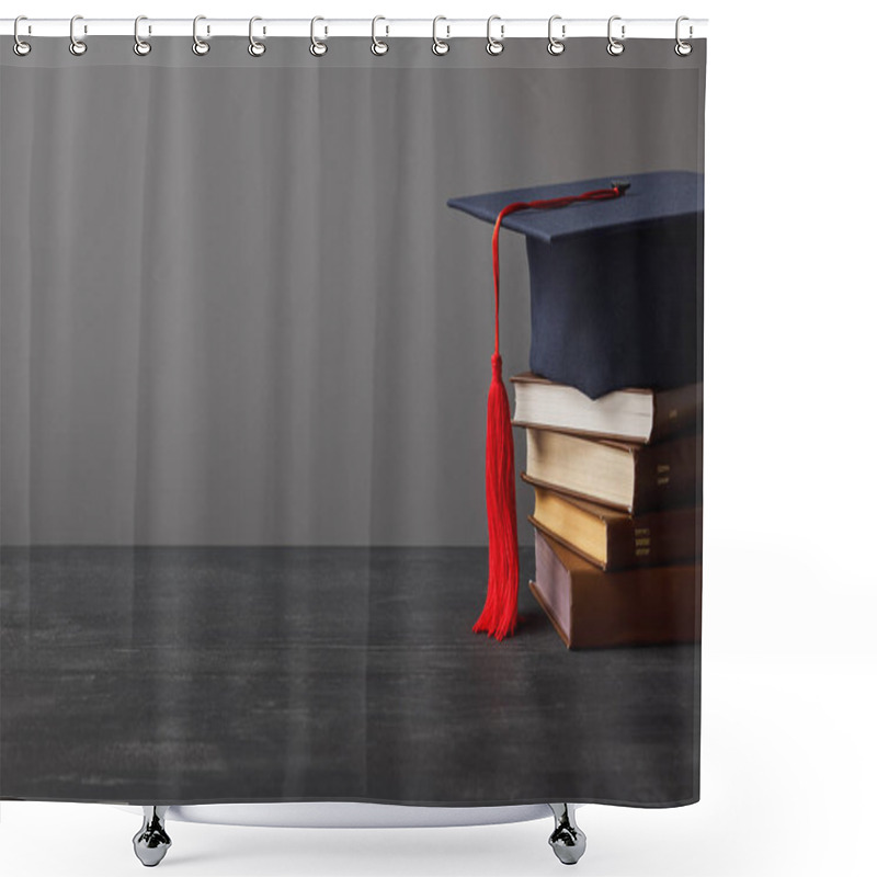 Personality  Brown Books And Academic Cap With Red Tassel Isolated On Grey Shower Curtains