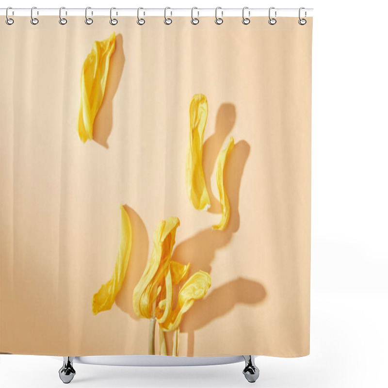 Personality  Top View Of Dried Yellow Tulip Petals On Beige Background Shower Curtains