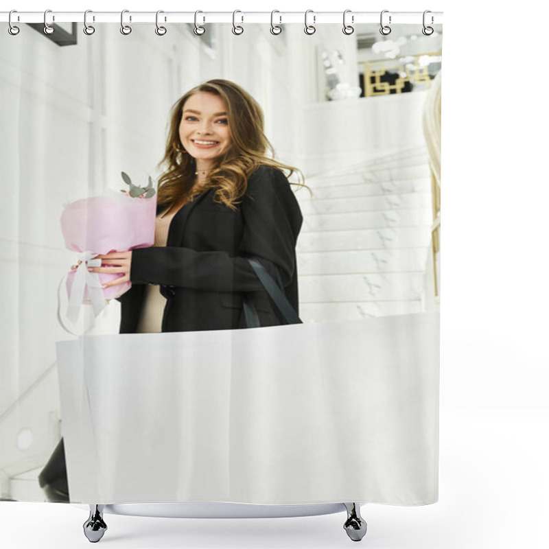 Personality  Young Brunette Bride Holding A Bouquet Of Flowers In A Wedding Salon. Shower Curtains