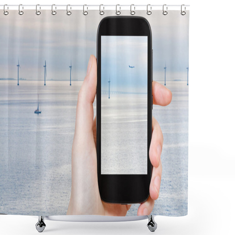 Personality  Tourist Shooting Photo Of Middelgrunden Wind Farm Shower Curtains