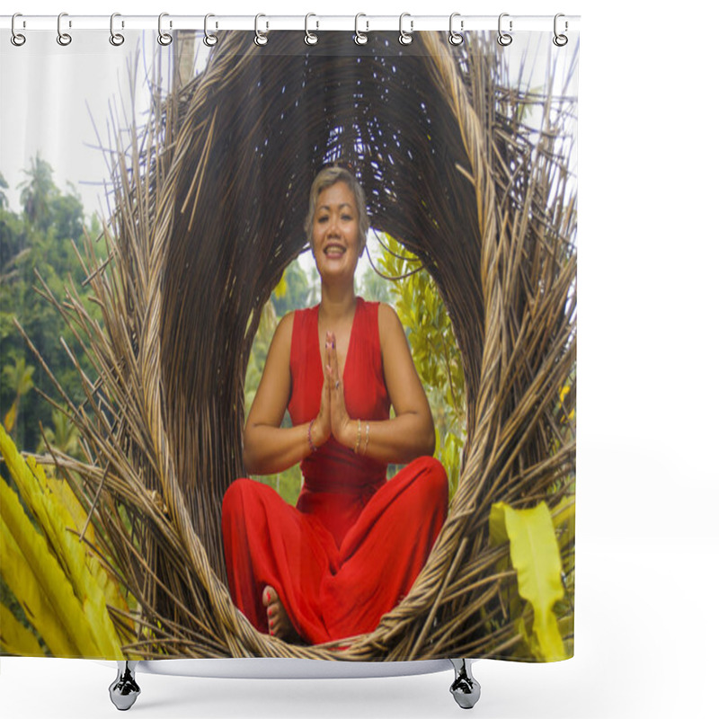 Personality  Attractive And Happy 40s Or 50s Middle Aged Asian Woman In Classy And Beautiful Red Dress Practicing Yoga Relaxation And Meditation In Tropical Jungle Shower Curtains