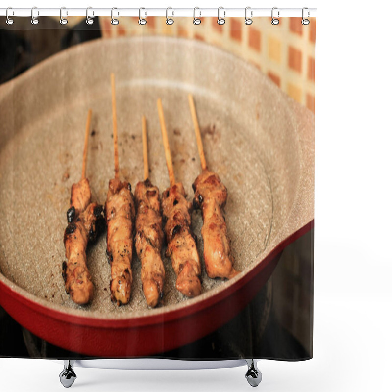 Personality  Homemade Indonesian Chicken Satay (Sate Ayam) Is Popular Street Food Menu. Grill Satay On  Pan. Selected Focus  Shower Curtains