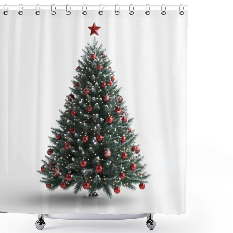 Personality  Beautifully Decorated Christmas Tree With Red Ornaments And Star On Top. Shower Curtains