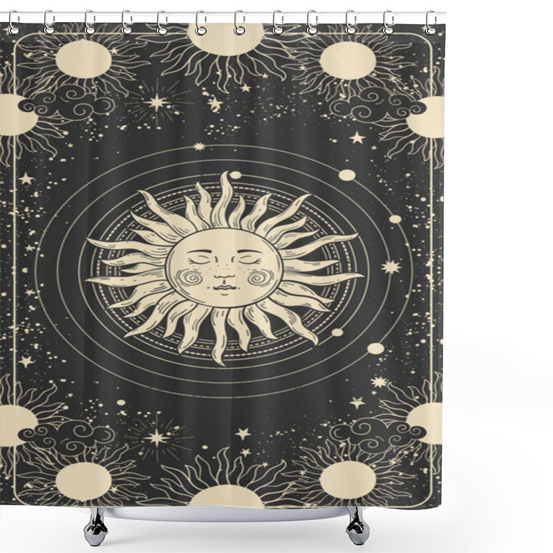 Personality  Mystical Drawing Of The Sun With A Face, Tarot Cards, Boho Illustration, Magic Card. Golden Sun With Closed Eyes On A Black Background With Stars, Planets, Space. Vector Hand Drawing. Shower Curtains