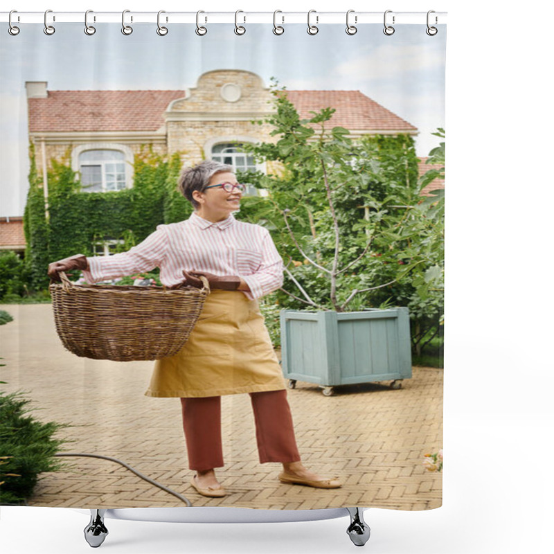 Personality  Jolly Mature Woman With Glasses Holding Big Straw Basket And Posing Near Her House In England Shower Curtains