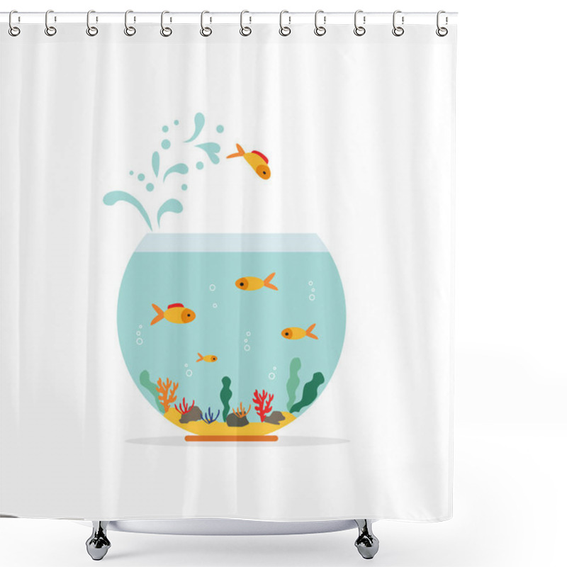 Personality  Goldfish Jumping Out One Fishbowl. Aquarium With Swimming Gold Exotic Fish. Underwater Aquarium Habitat With Sea Plants. Flat Vector Drawn Illustration, Isolated Objects. Shower Curtains