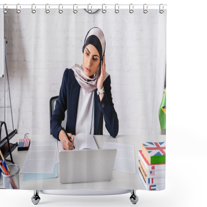 Personality  Arabian Interpreter In Headset Writing In Notebook Near Laptop, Digital Translator And Dictionaries Of Foreign Languages  Shower Curtains