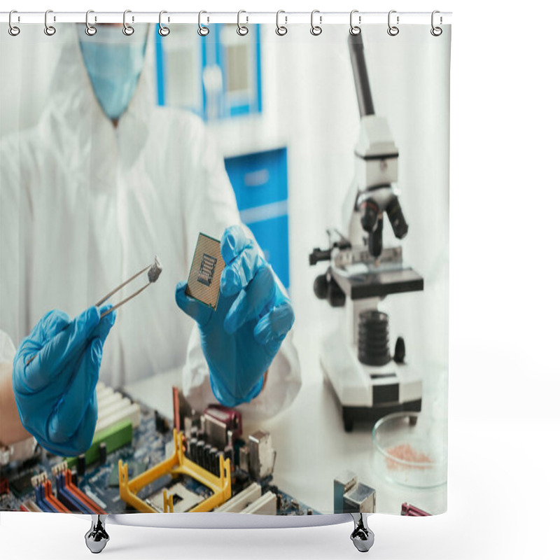 Personality  Cropped View Of Engineer Holding Microchip And Small Stone Near Microscope And Computer Motherboard Shower Curtains