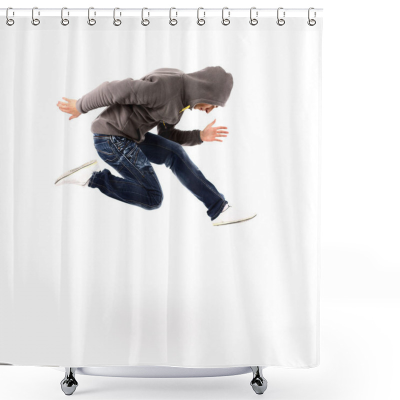 Personality  Awesome Dancer Is Jumping Very High On A White Background Shower Curtains