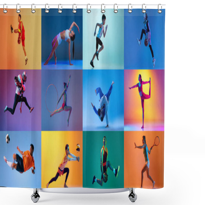 Personality  Collage. People, Atheletes Of Different Age Doing Various Sports Isolated Over Mulricolored Background In Neon. Concept Of Action, Motion, Sport Life, Motivation, Competition. Copy Space For Ad. Shower Curtains