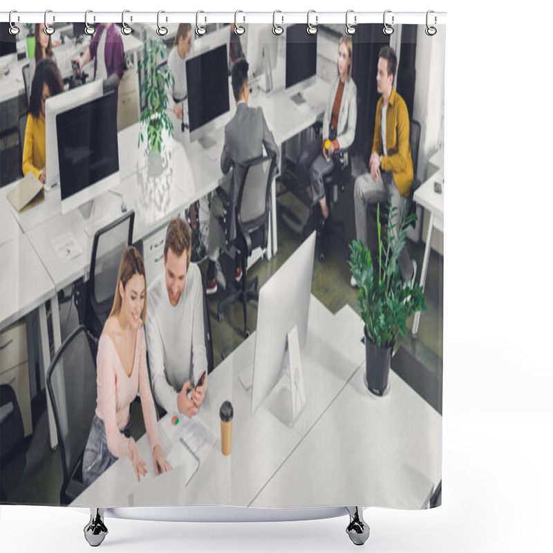 Personality  High Angle View Of Smiling Young Businessman And Businesswoman Talking While Working With Colleagues In Office Shower Curtains