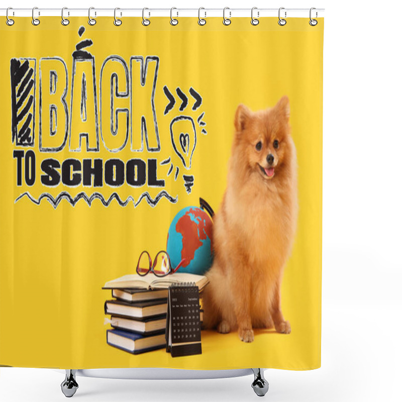 Personality  Cute Pomeranian Dog With School Supplies And Text BACK TO SCHOOL On Yellow Background Shower Curtains