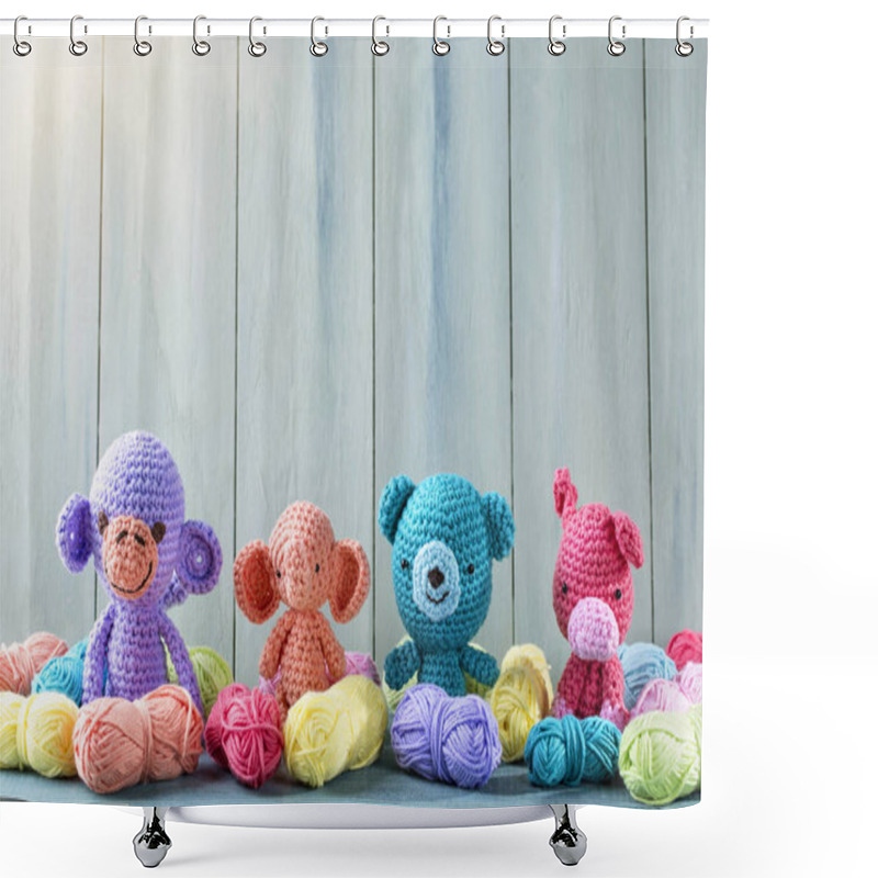 Personality  Amigurumi Toys On A Wooden Background Shower Curtains