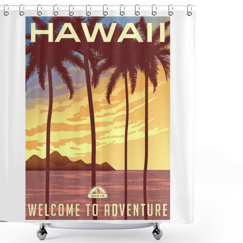 Personality  Retro Style Travel Poster Or Sticker. United States, Hawaii. Palms And Sunset Shower Curtains