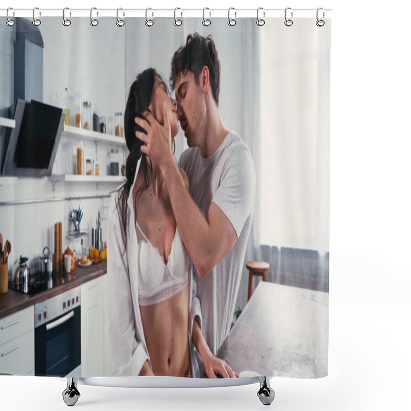 Personality  Passionate Woman In Unbuttoned Shirt And Bra Near Man Kissing Her In Kitchen Shower Curtains