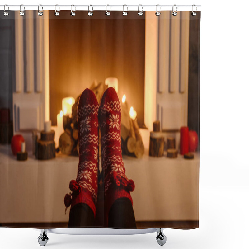 Personality  Cropped View Of Woman In Festive Winter Socks With Fireplace On Background Shower Curtains