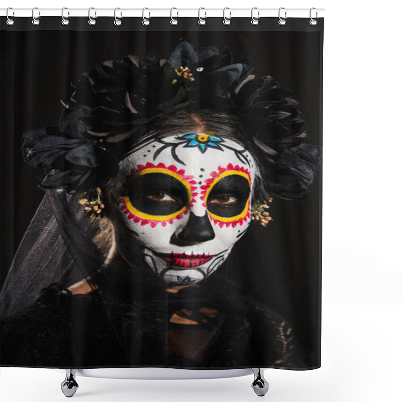 Personality  Portrait Of Woman In Halloween Sugar Skull Makeup And Dark Wreath With Veil Looking At Camera Isolated On Black Shower Curtains