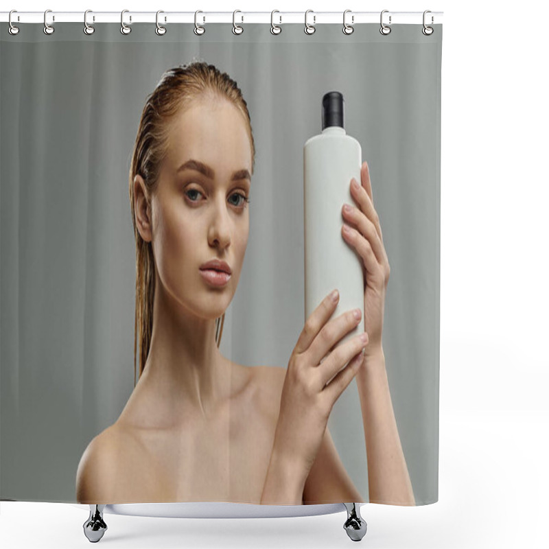 Personality  A Woman Gracefully Holds A Bottle Of Shampoo. Shower Curtains