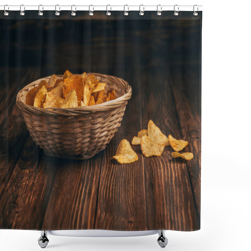 Personality  Delicious Crispy Potato Chips In Wicker Basket On Wooden Table Shower Curtains