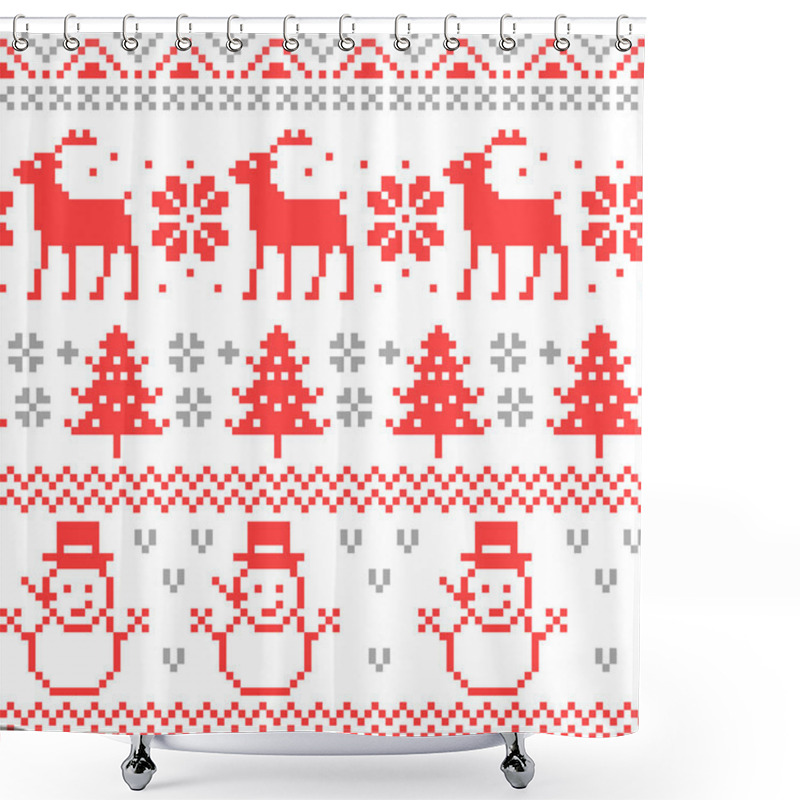 Personality  Merry Christmas Traditional Scandinavian Knitting Pixel Seamless Pattern With Reindeer And Christmas Tree. Vector Background Shower Curtains