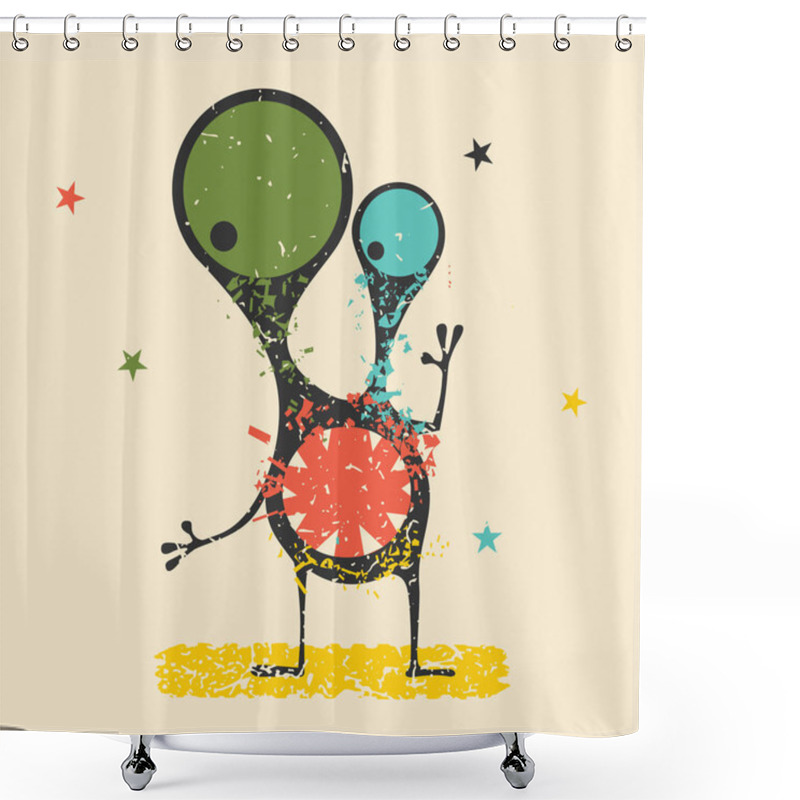 Personality  Cute Black Monster With Emotions On Retro Grunge Background. Cartoon Illustration.  Shower Curtains