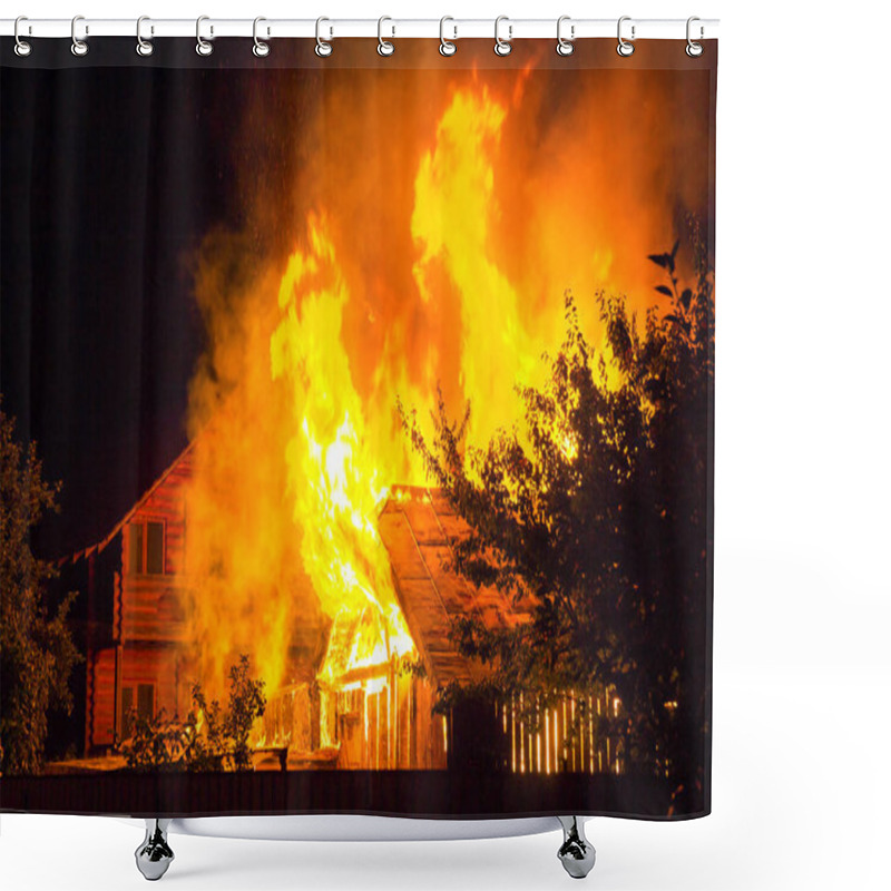 Personality  Burning Wooden House At Night. Bright Orange Flames And Dense Smoke From Under The Tiled Roof On Dark Sky, Trees Silhouettes And Residential Neighbor Cottage Background. Disaster And Danger Concept. Shower Curtains