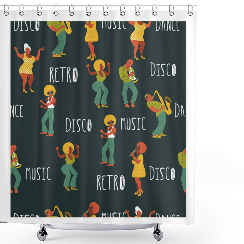 Personality  Seamless Pattern. Retro Party. Retro Musicians, Dancers And Singers. Disco, Rock And Roll, Musicians Playing The Trumpet And Saxophone.  Jazz Singer. Vector Illustration. Shower Curtains