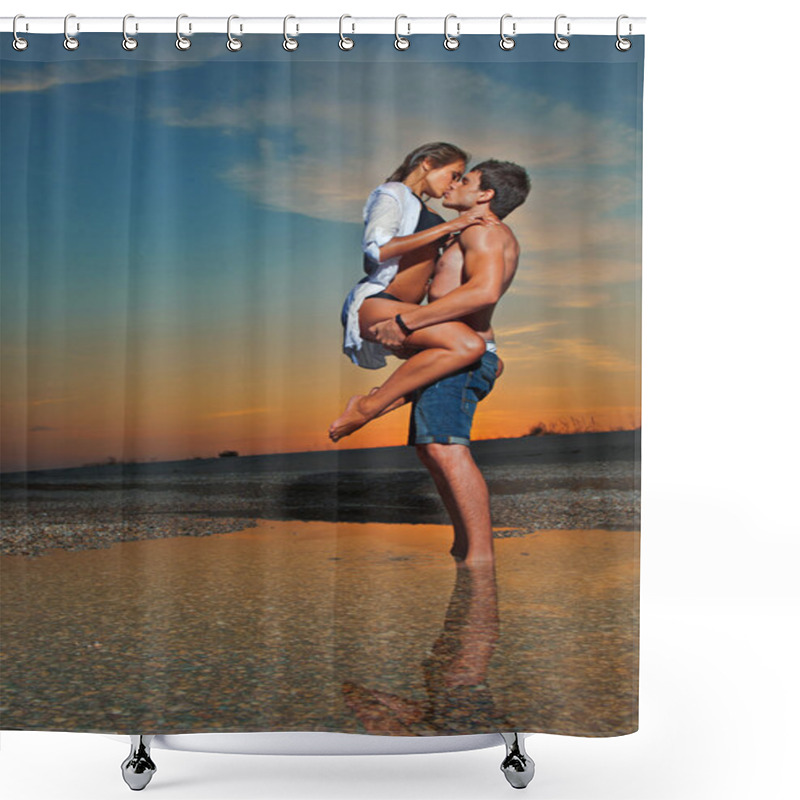 Personality  Couple On The Beach At Sunset Shower Curtains