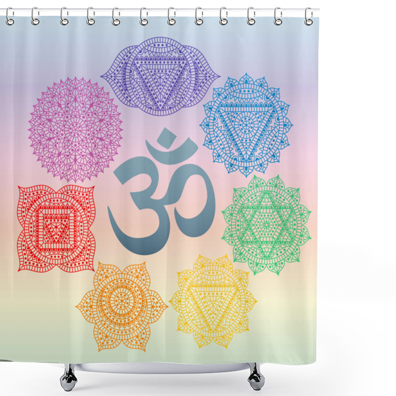 Personality  Set Of Seven Chakras And Symbol OM In The Centre. Oriental Ornaments For Henna Tattoo And For Your Design. Buddhism Decorative Elements. Vector Illustration. Shower Curtains