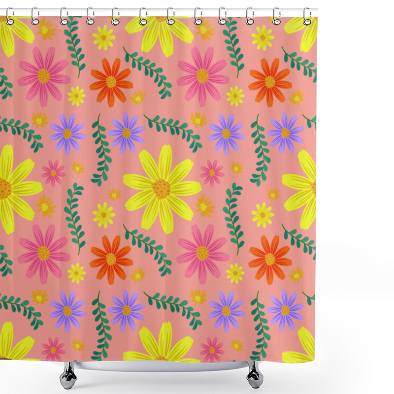 Personality  Vibrant Flowers With Green Leaves On Pink Background Shower Curtains