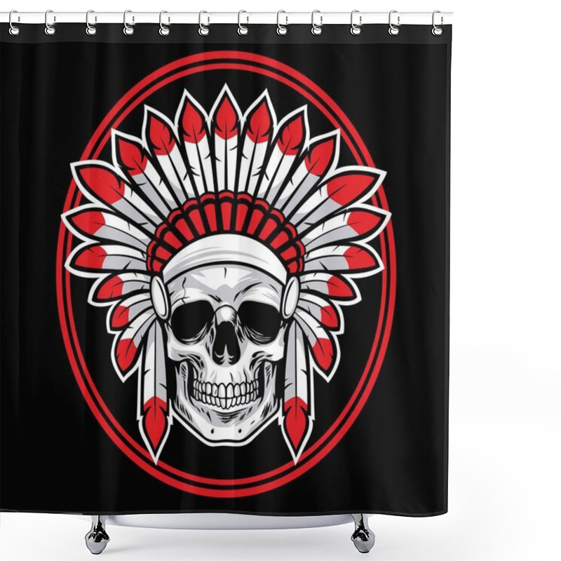 Personality  Skull Of Indian Native American Warrior Vector With Red Feather Shower Curtains