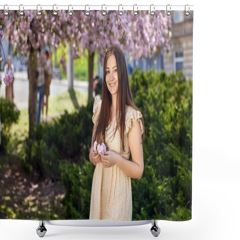 Personality  Smiling Woman, Woman Flowers, Light Sunlight. Smiling Young Woman In Light Dress Holds Cherry Blossoms In Park, Surrounded By Greenery And Blooming Trees On Sunny Day. Shower Curtains