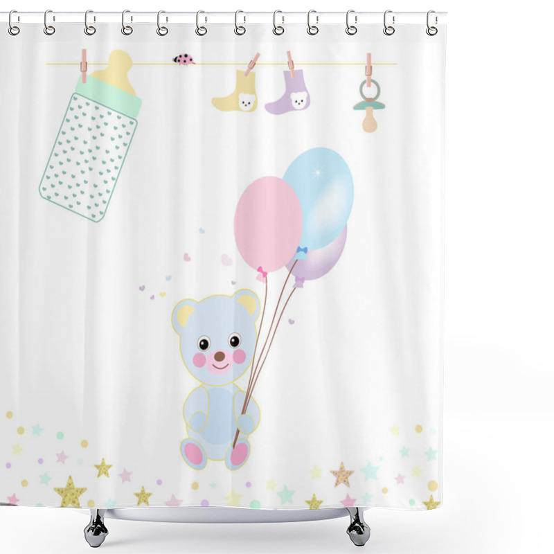 Personality  Baby Shower Greeting Card With Teddy Bear, Balloon, Bottle, Sock And Stars Greeting Card. Baby First Birthday, T-shirt, Baby Shower, Baby Gender Reveal Party Design Element Vector Shower Curtains